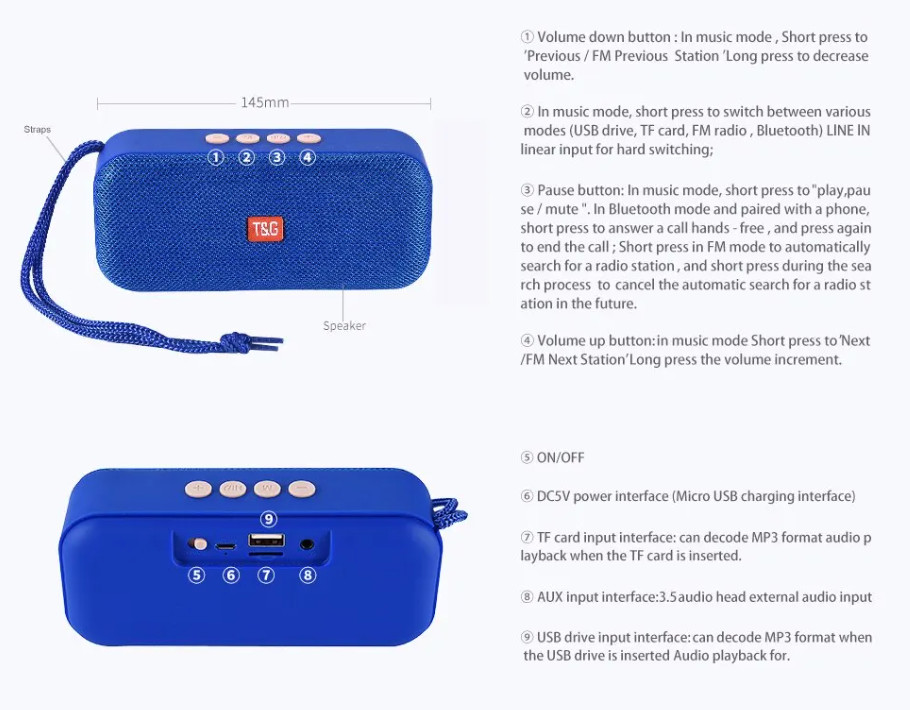 Bluetooth-колонка T&G TG516 з функцією Speakerphone, AUX, USB, microSD, FM - 4